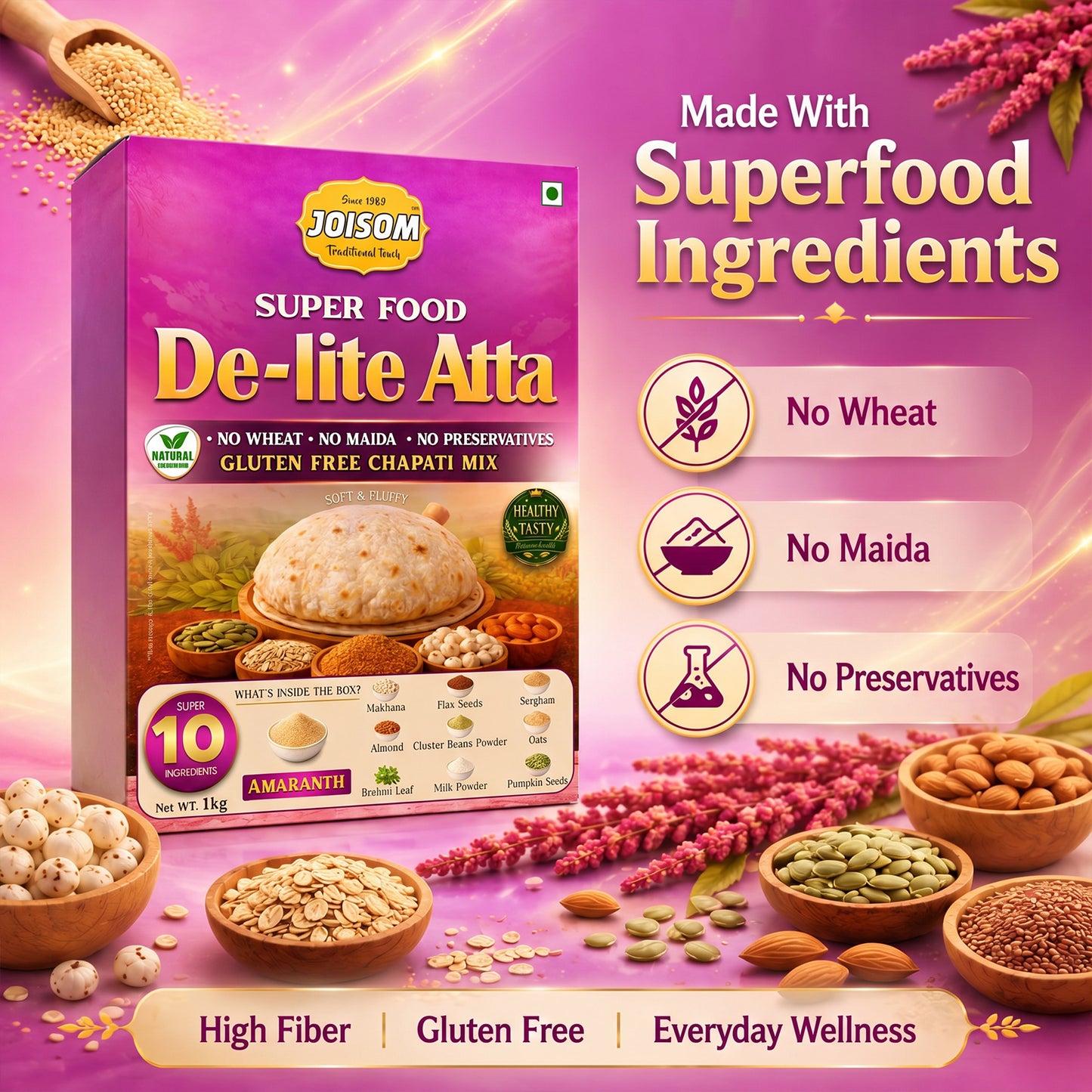 Joisom De-Lite Atta — Feel Light Every Day | Rajgiri Multigrain Flour for Fitness & Diet-Conscious