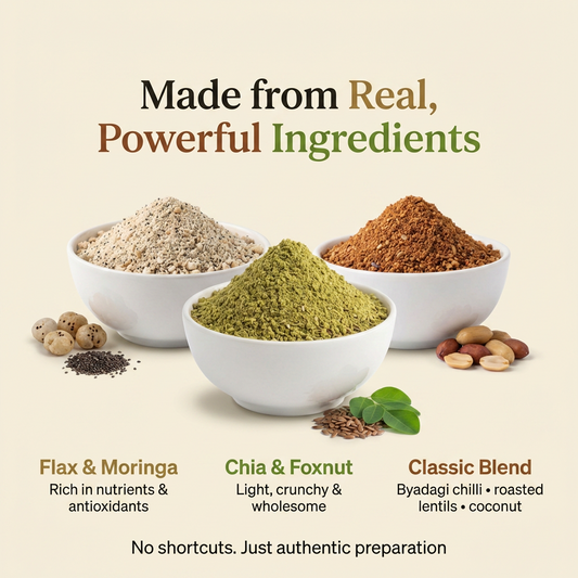 Amaranth Flax Moringa + Chia Foxnut + Classic Chutney Powder Combo | Joisom | 3 Pack (375g)