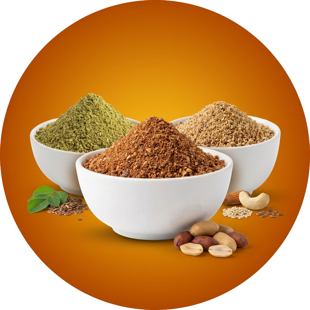 Traditional chutney powder blends with seeds and herbs