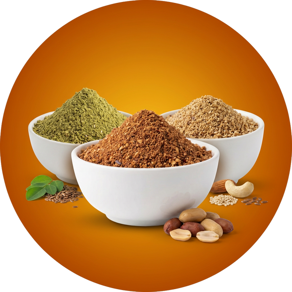 Traditional chutney powder blends with seeds and herbs