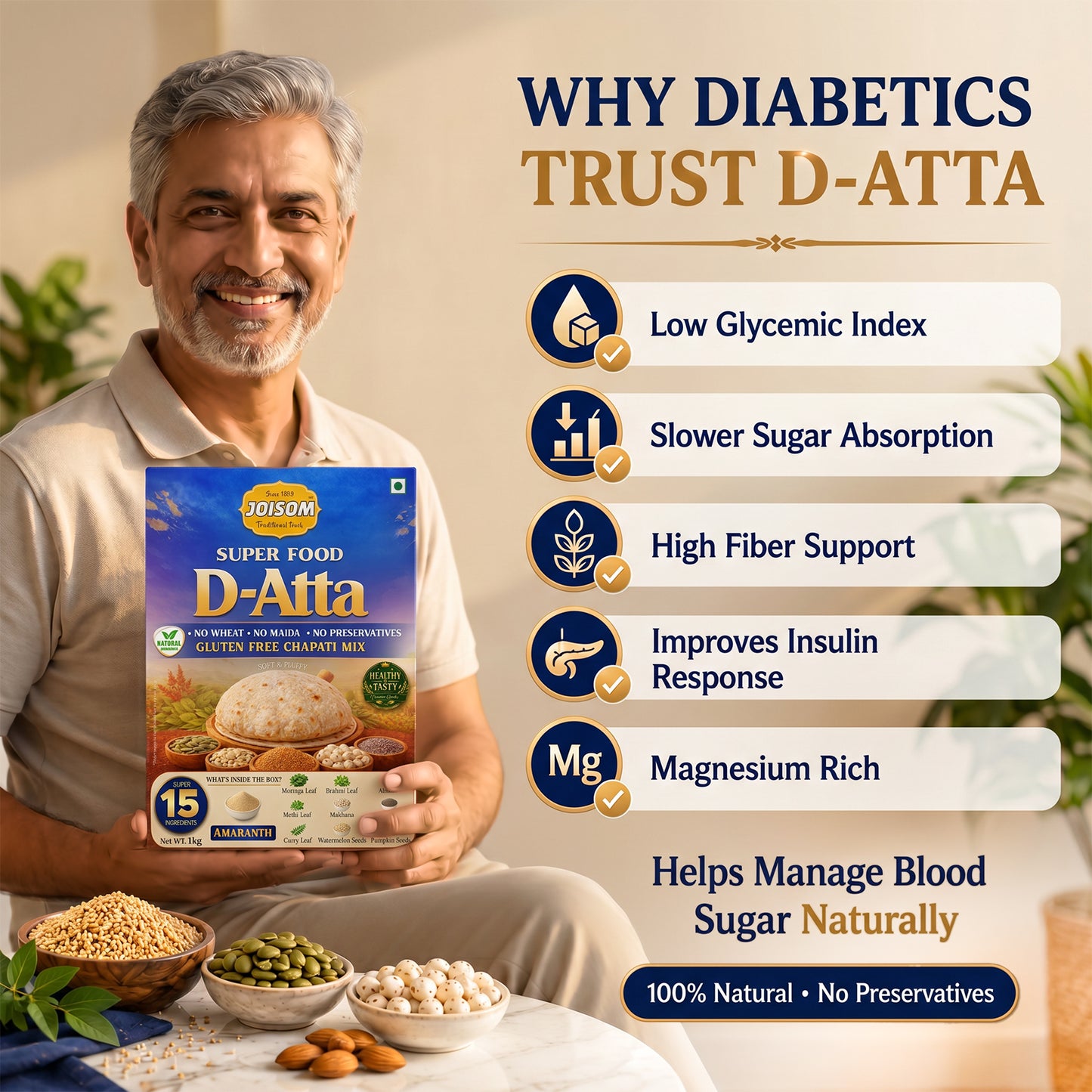 Joisom D-Atta — Wheat-Free Rajgiri Chapati Flour for Diabetics & Blood Sugar Control | 15 Superfoods