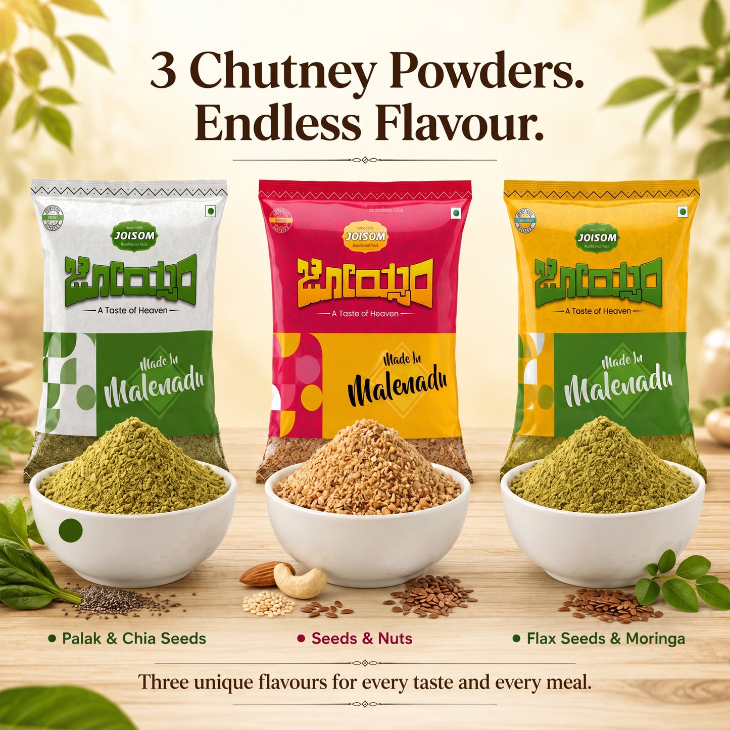 Chutney Powder Family Combo (750 g) | 3 Traditional Malnad Flavours | Seeds & Nuts, Flax Seeds & Moringa & Palak & Chia Seeds
