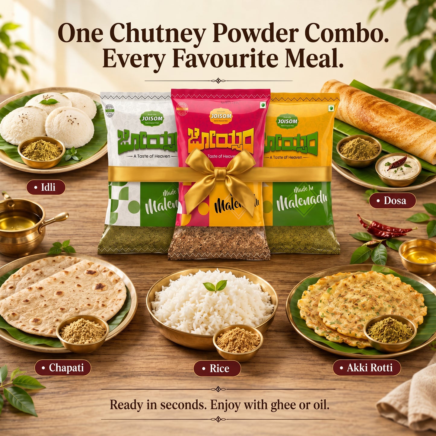 Chutney Powder Family Combo (750 g) | 3 Traditional Malnad Flavours | Seeds & Nuts, Flax Seeds & Moringa & Palak & Chia Seeds