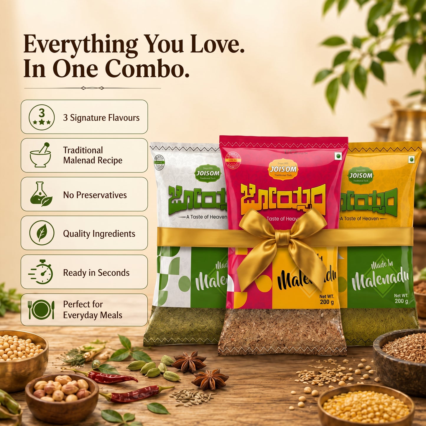 Chutney Powder Family Combo (750 g) | 3 Traditional Malnad Flavours | Seeds & Nuts, Flax Seeds & Moringa & Palak & Chia Seeds