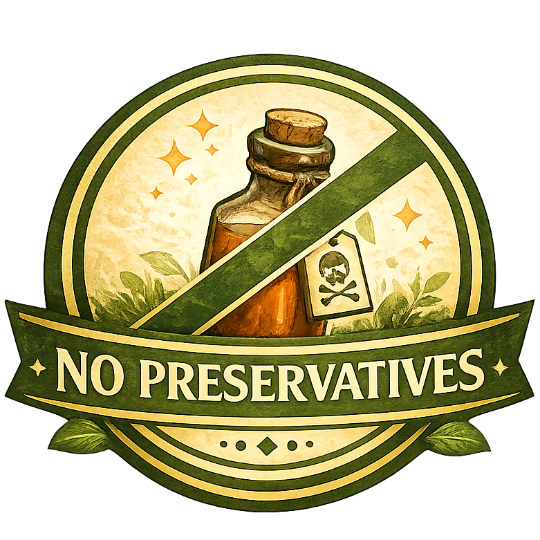 Logo with a bottle and 'No Preservatives' text 