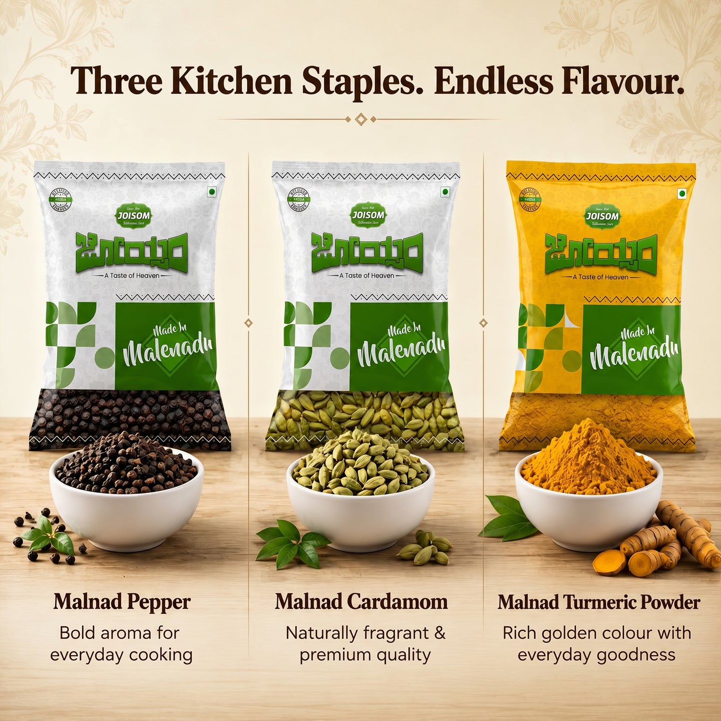 Malnad Premium Spice Trio Combo (450 g) | Pepper, Cardamom & Turmeric Powder