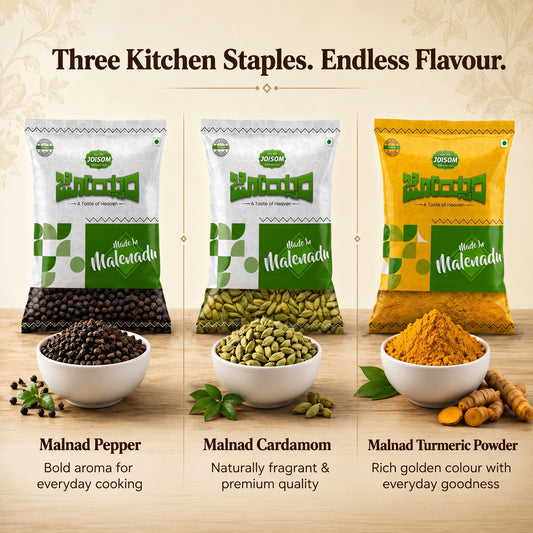 Malnad Premium Spice Trio Combo (450 g) | Pepper, Cardamom & Turmeric Powder