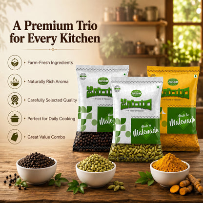 Malnad Premium Spice Trio Combo (450 g) | Pepper, Cardamom & Turmeric Powder