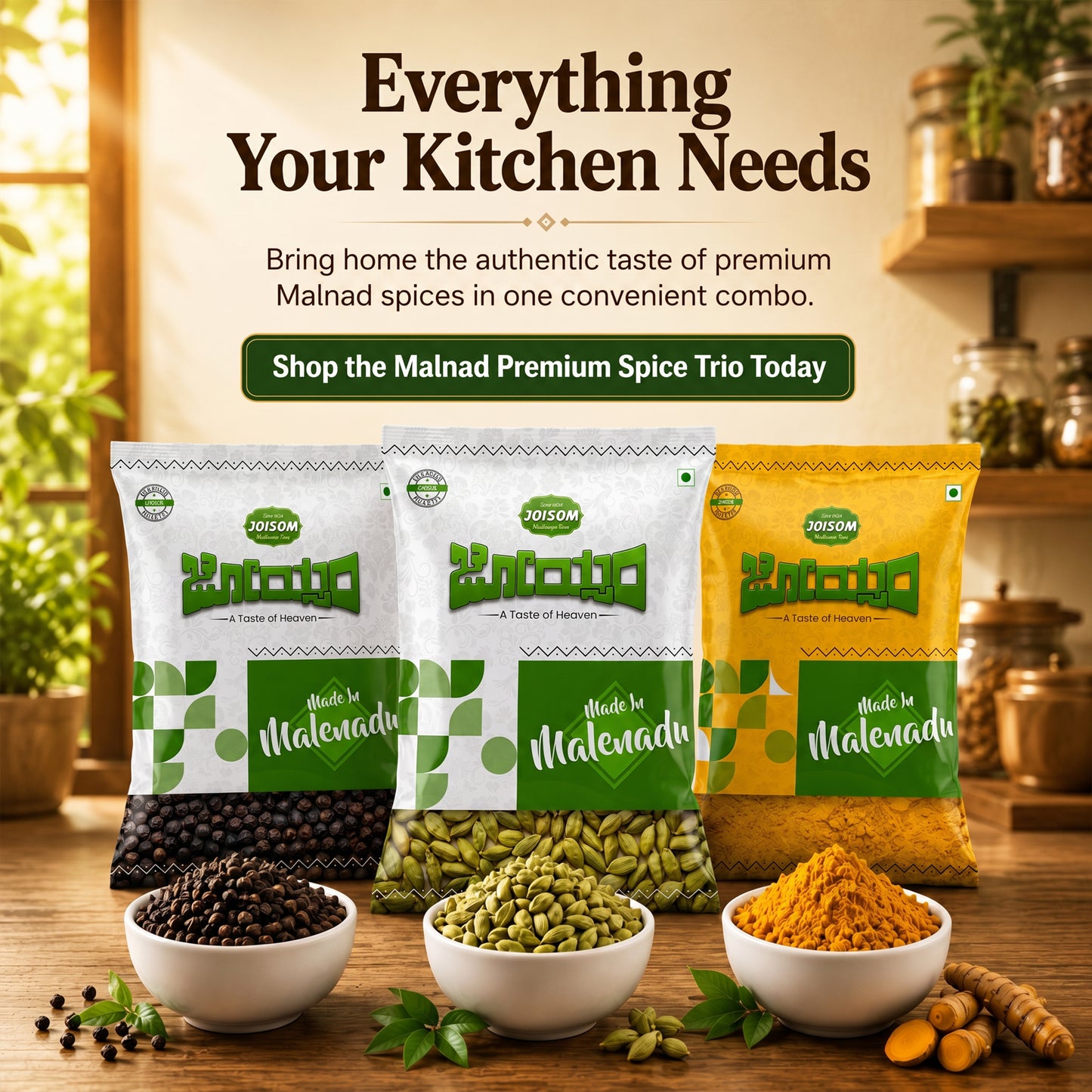 Malnad Premium Spice Trio Combo (450 g) | Pepper, Cardamom & Turmeric Powder
