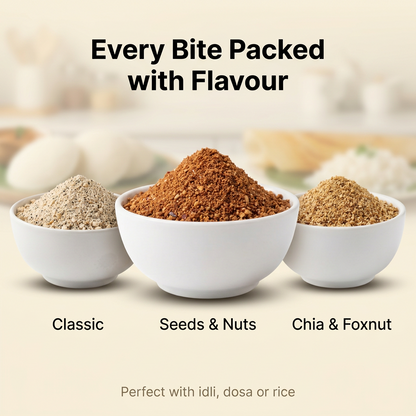 Amaranth Chia Foxnut + Seeds Nuts + Classic Chutney Powder Combo | Joisom | 3 Pack (375g)