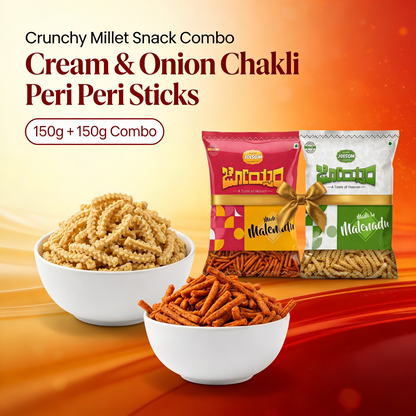 Snacks Combo 1 - Amaranth Cream & Onion Chakli + Peri Peri Sticks | Pack of 2 (300g)